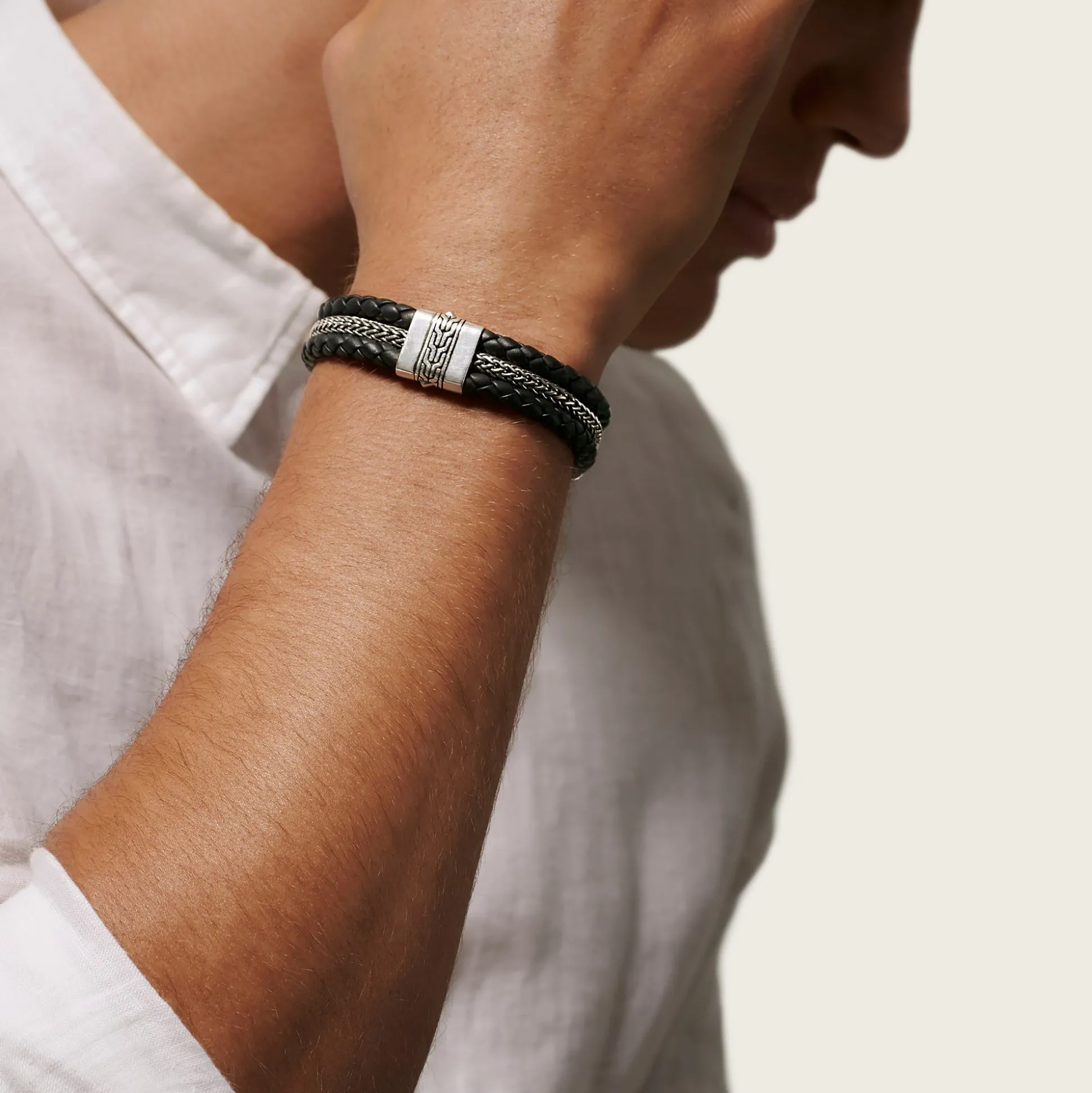 Men John Hardy Leather, Cord & Rubber^Leather Triple Row Bracelet, Sterling Silver