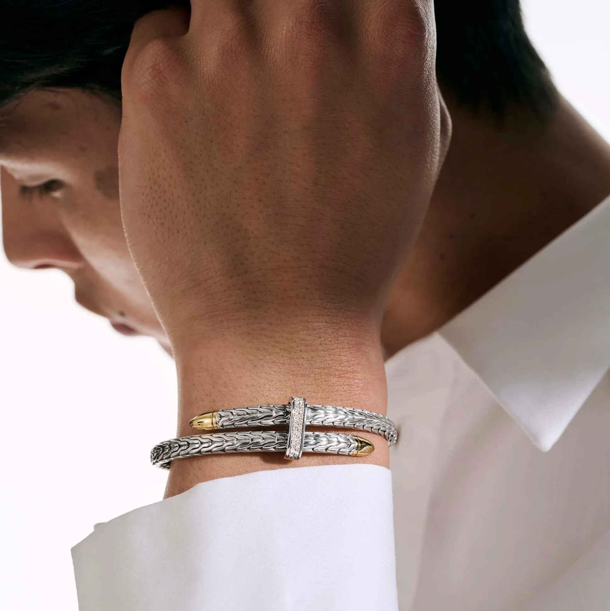 Men John Hardy Cuffs^Spear Flex Cuff, Dark Silver, Diamonds